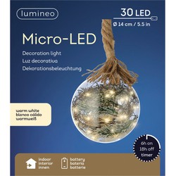 1x stuks verlichte glazen kerstballen aan touw met 30 lampjes zilver/warm wit 14 cm - kerstverlichting figuur