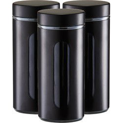 Zeller voorraadpot/blik met venster - 3x - zwart - 1200 ml - glas/metaal - Voorraadblikken