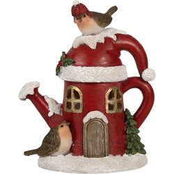 Clayre & Eef Decoratie Huis met LED Gieter 13x10x16 cm Rood Kunstleer Metaal Vogels