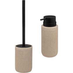 Badkamer/toilet accessoires set Onyx - WC-borstel in houder en zeeppompje - beige/zwart - 350 ml - Badkameraccessoireset