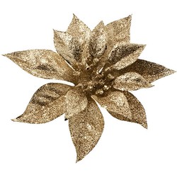 1x Kerstversieringen kerststerren bloemen goud op clip - Kersthangers