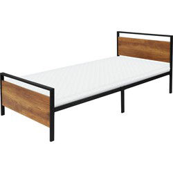 Bedframe eenpersoonsbed 90x200cm van metaal in zwart met houten hoofdbord & voeteneind, lattenbodem & matras H-10cm ML design