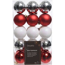 Decoris kerstballen - 30x - rood/wit parelmoer/zilver- 6 cm -kunststof - Kerstbal