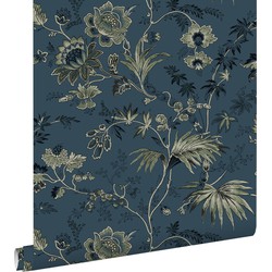 ESTAhome behang vintage bloemen donkerblauw en olijfgroen - 0,53 x 10,05 m - 139315