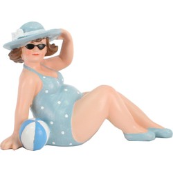 Home decoratie beeldje dikke dame zittend - blauw badpak - 17 cm - Beeldjes