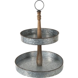 Clayre & Eef Etagère 2 laags  Ø 37x54 cm Grijs Ijzer Hout Rond Serveerschaal