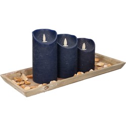 Houten dienblad met 3 LED kaarsen in de kleur donkerblauw 39 x 15 cm - LED kaarsen