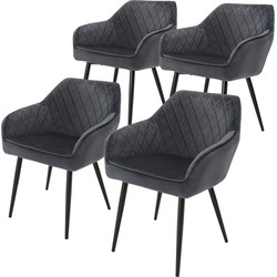 Eetkamerstoel set van 4 diamant quilting antraciet fluwelen bekleding met metalen poten incl. montagemateriaal ML-Design
