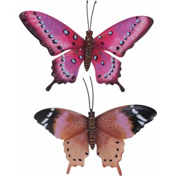 Set van 2x stuks tuindecoratie muur/wand vlinders van metaal in roze en bruin tinten 44 x 31 cm - Tuinbeelden