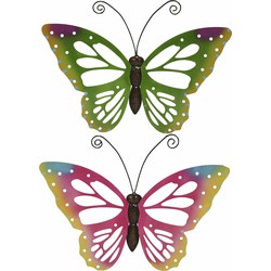 Set van 2x stuks tuindecoratie muur/wand vlinders van metaal in groen en roze tinten 51 x 38 cm - Tuinbeelden