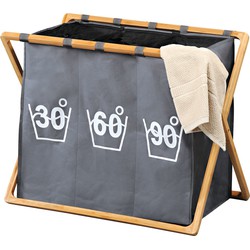 Wassorteerder 3 Vakken - Wasmand FSC® Bamboe houten Frame - Sorteer op 30° 60° 90° - Grote opvouwbare wasmand met 3 Vakken - 141 L