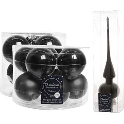 Glazen kerstballen pakket zwart glans/mat 32x stuks inclusief piek mat - Kerstbal