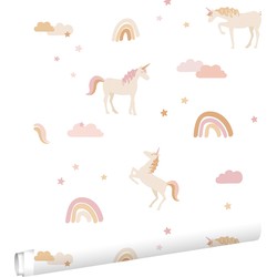 ESTAhome behang unicorns wit, zacht roze en okergeel - 53 cm x 10,05 m - 139581