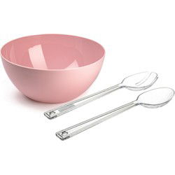Salade serveer schaal - roze - kunststof - Dia 28 cm - met sla couvert/bestek - Serveerschalen