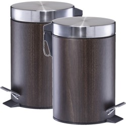 2x Donker bruine prullenbakjes met houtprint 3 liter van 17 x 26 cm - Pedaalemmers