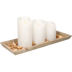 Houten dienblad met steentjes en 3 LED kaarsen in het wit 39 x 15 cm - LED kaarsen