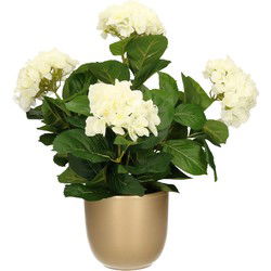 Hortensia kunstplant/kunstbloemen 45 cm - wit - in pot goud glans - Kunstplanten