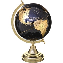 Decoratie wereldbol/globe zwart/goud op metalen voet D20 x H33 cm - Wereldbollen