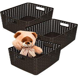 PlasticForte Opbergmand - 3x - Kastmand - rotan kunststof - donkerbruin - 12 Liter - 30 x 37 x 13 cm - Opbergmanden