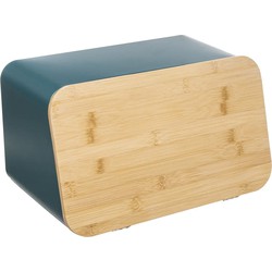 Broodtrommel met snijplank deksel - Petrol blauw - Metaal/bamboe - 37 x 22 x 23 cm - Broodtrommels