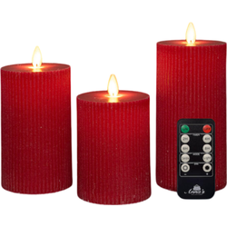 Stompkaars ribbel wax led bewegende vlam met afstandsbediening set van 3 d7.5h10/12.5/15 cm rood