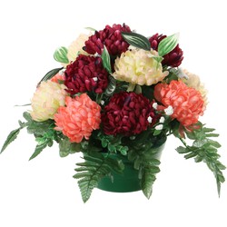 Louis Maes Kunstbloemen in pot - zalm/rood/creme - D30 x H24 cm - Bloemstuk ornament - crysanten met bladgroen - Kunstbloemen