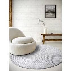 Rond Japandi vloerkleed laagpolig - New York Design - Panglao Lichtgrijs / Zilver - 200cm rond Ø