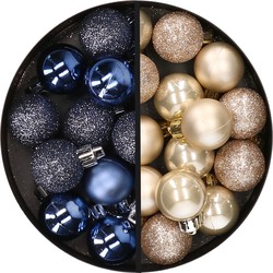 34x stuks kunststof kerstballen donkerblauw en champagne 3 cm - Kerstbal