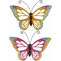 Set van 2x stuks tuindecoratie muur/wand vlinders van metaal in oranje en roze tinten 51 x 38 cm - Tuinbeelden