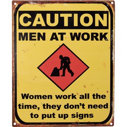 Clayre & Eef Tekstbord  20x25 cm Geel Ijzer Caution men at work Wandbord