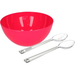 Salade serveer schaal - fuchsia roze - kunststof - Dia 28 cm - met sla couvert/bestek - Serveerschalen