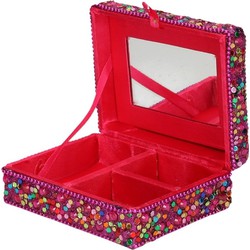 Sieradenkistje met glitters - 8 x 10 x 4 cm - Fuchsia - Juwelenkistje met spiegel - 3-vaks - meisjes - Sieradendozen