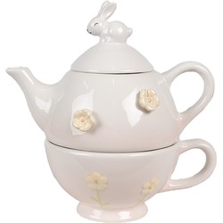 Clayre & Eef Tea for One  500 ml Roze Keramiek Konijn Theepot set