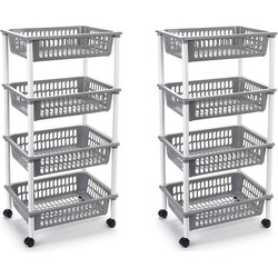 2x stuks lichtgrijze opberg trolley/roltafel met 4 manden 85 cm - Opbergmanden