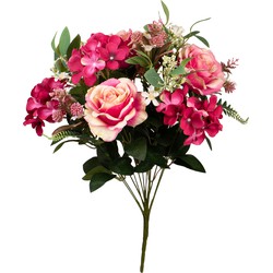 Louis Maes Kunstbloemen boeket rozen/hortensia met bladgroen - roze - H52 cm - Bloemstuk - Kunstbloemen