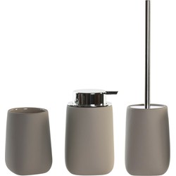 Toiletborstel in houder 41 cm met zeeppompje 14 cm taupe/beige - Badkameraccessoireset