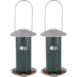 2x stuks metalen vogel voedersilos groen aan hanger 23 cm - Vogelvoederhuisjes