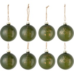 J-line - Doos Van 8 Kerstballen Tekst Xmas Glas Mat Groen Small - 8x8x8cm