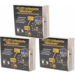 3x Kerstverlichting zilverdraad met warm witte lichtjes 6 meter op batterijen met timer - Lichtsnoeren