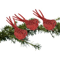 3x Kerstboomversiering glitter rode vogeltjes op clip 12 cm - Kersthangers