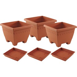 3x stuks vierkante plantenbakken terra cotta met opvangschaal 30 x 30 x 23 cm - Plantenbakken