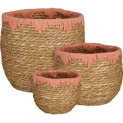 Mica Decorations Jorck Plantenmand - Set van 3 - H24 x Ø26 cm - Zeegras - Roze, Bruin