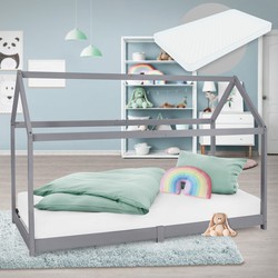 Kinderbed met dak en lattenbodem 90x200 cm Lichtgrijs Dennenhout ML Design