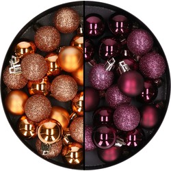 40x stuks kleine kunststof kerstballen koper en aubergine paars 3 cm - Kerstbal