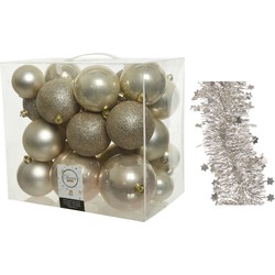 Kerstversiering kerstballen 6-8-10 cm met sterren folieslingers pakket parel/champagne van 28x stuks - Kerstbal