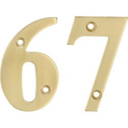 AMIG Huisnummer 67 - massief messing - 5cm - incl. bijpassende schroeven - gepolijst - goudkleur - Huisnummers
