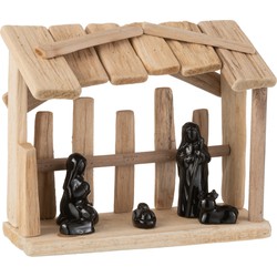 J-line - Kerststal Plat Dak Hout/keramiek Naturel/zwart - 25.5x12.5x21cm