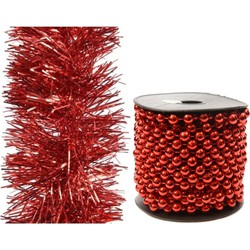 Set van kralenslinger 10 mtr en folie slinger 2,7 m rood - Kerstslingers