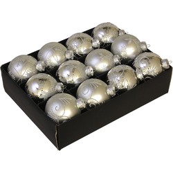 12x Glazen gedecoreerde zilveren kerstballen 7,5 cm - Kerstbal