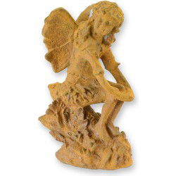 A RUSTY CAST IRON FIGURINE OF A SITTING FAIRY